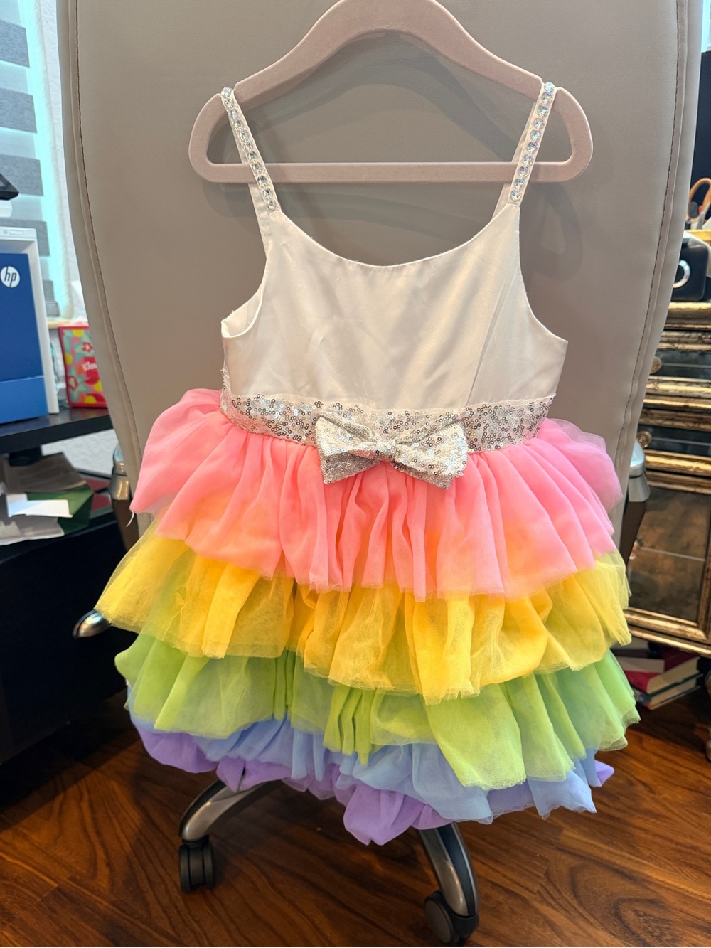 Lola and the Boys Rainbow Tulle Dress with Sequin Bow - Pink Yellow Green Purple
